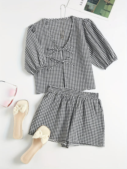 Victoria - Gingham Outfit Set with Tie Front Shirt and Elastic Waist Shorts for Women