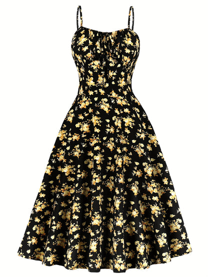 Maya - Vintage Elegant Sleeveless Dress with Floral Print and Tie Front for Women