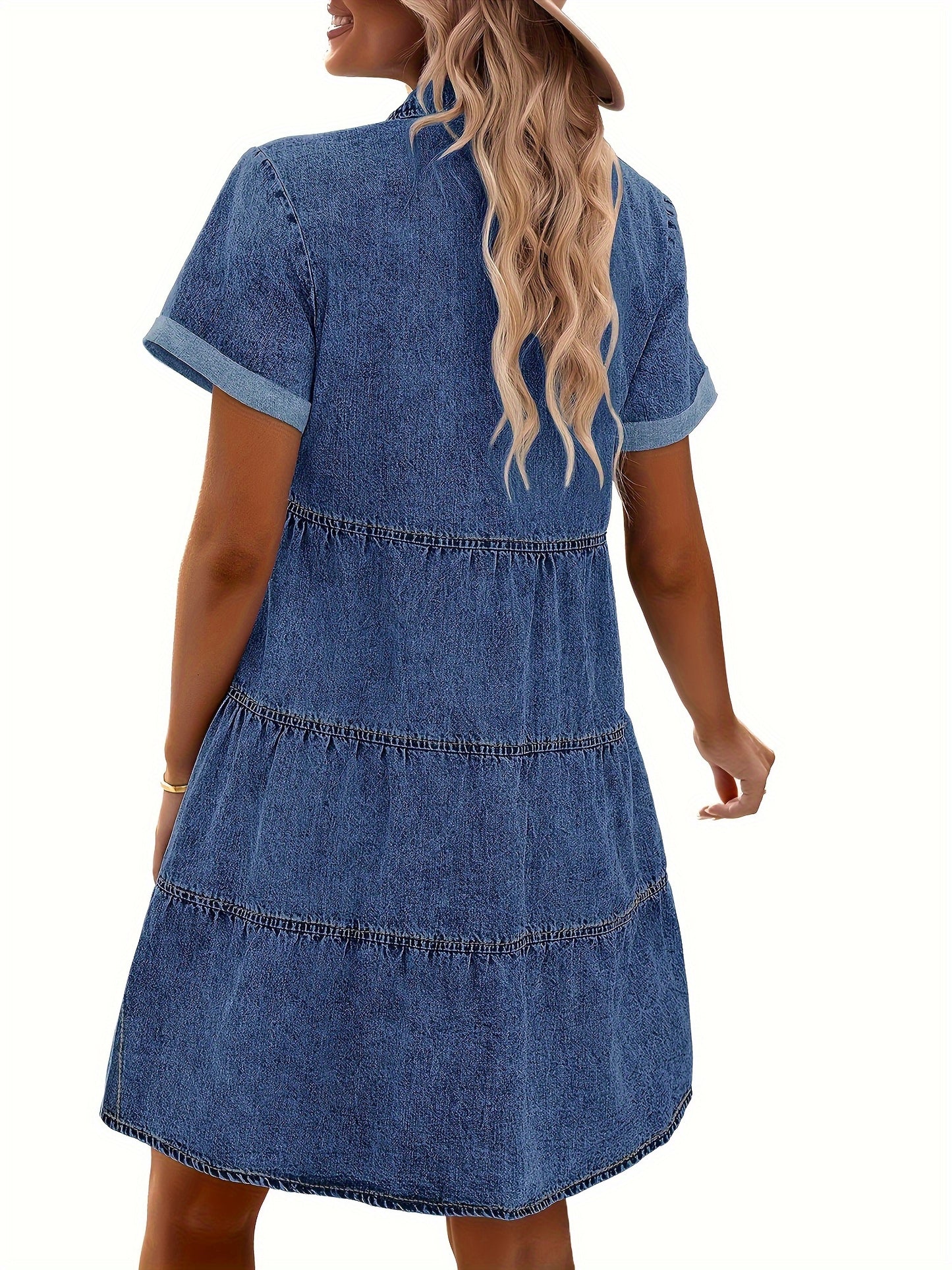 Juniper - Denim Dress with Button Up and Tiered Layered Ruffled for Women