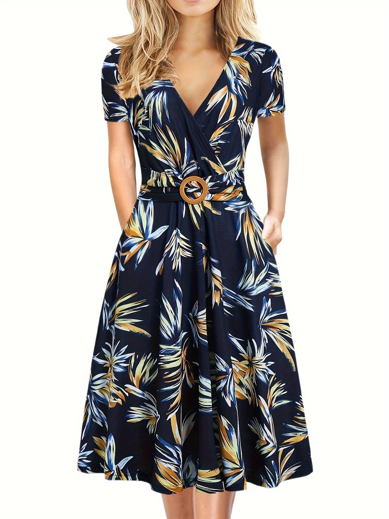 Brianna - Elegant Summer Dress with Floral Print and Ring Linked A-Line for Women