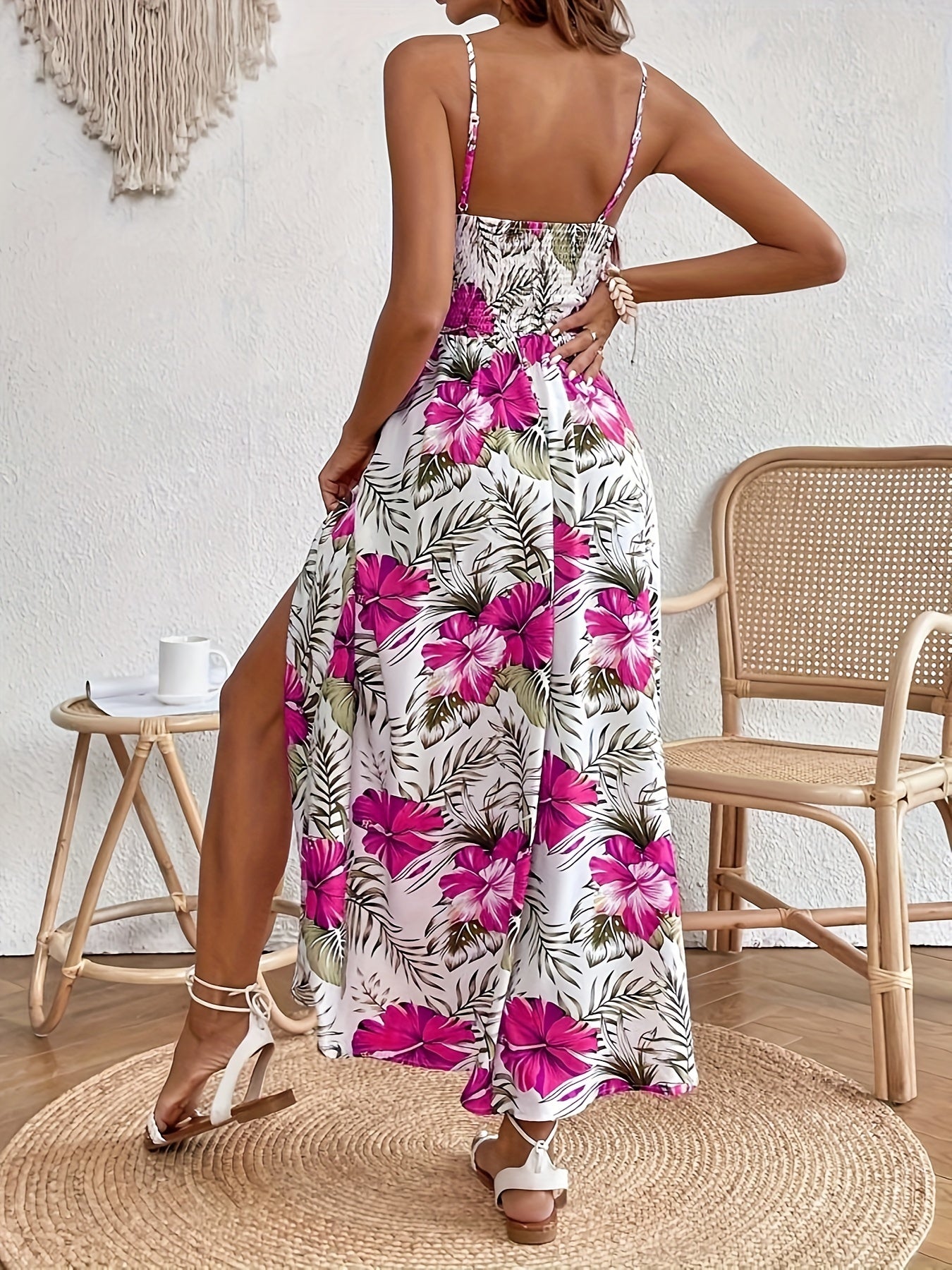 Belinda - Elegant Sleeveless Split Dress with Floral Print and Spaghetti Strap for Women