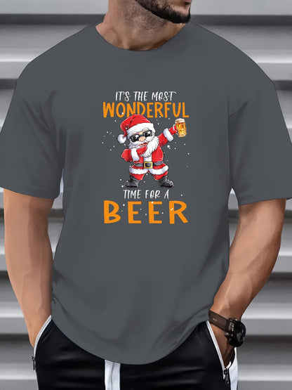 Jeremiah - Casual T-Shirt with Fun Santa Claus Drinking Beer Graphic Print for Men