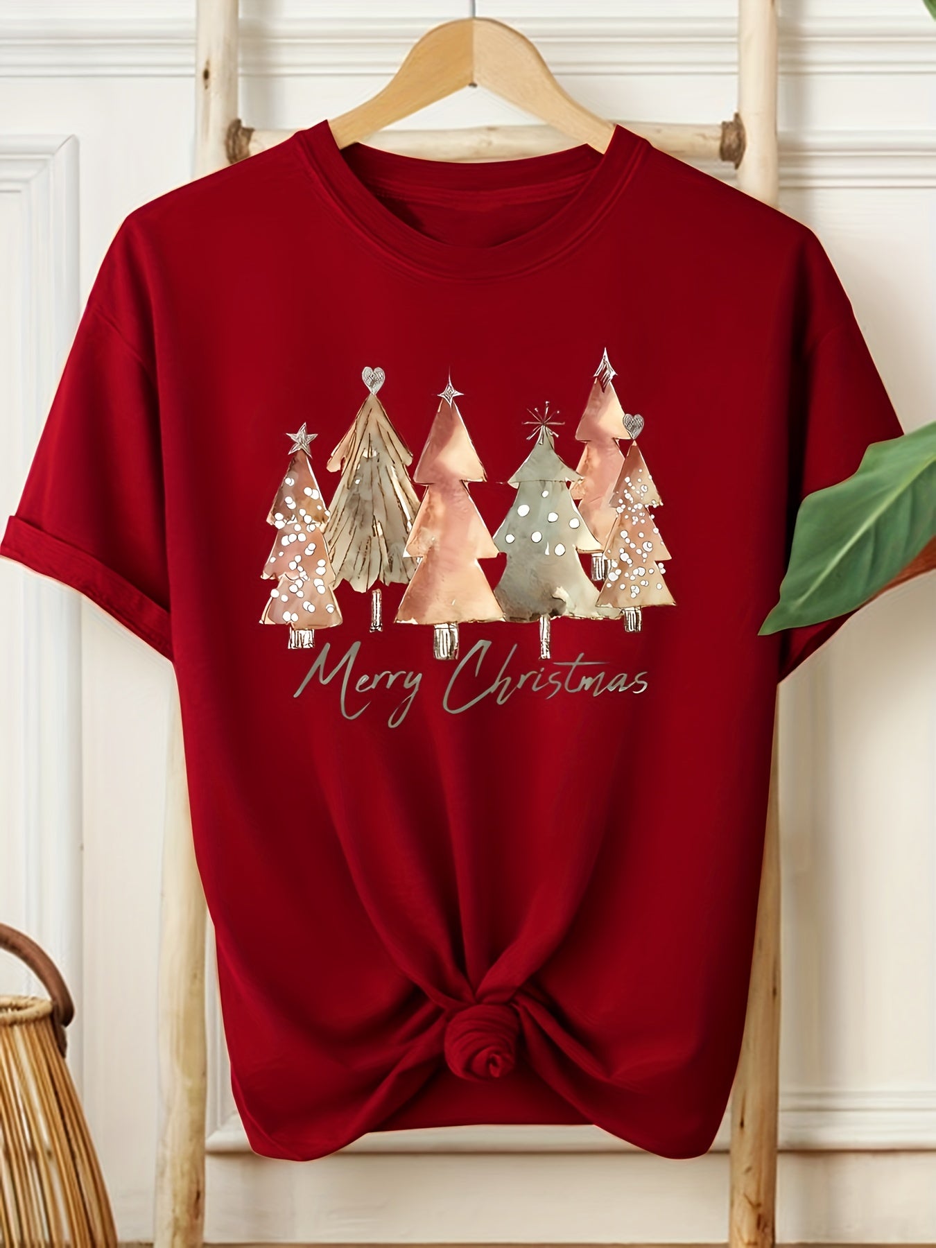 Sarah - Festive Christmas Tree Print Crew Neck T-Shirt