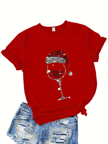 Brielle - Casual T-Shirt with Christmas Hat and Red Wine Glass Print for Women