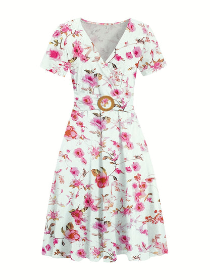 Brianna - Elegant Summer Dress with Floral Print and Ring Linked A-Line for Women