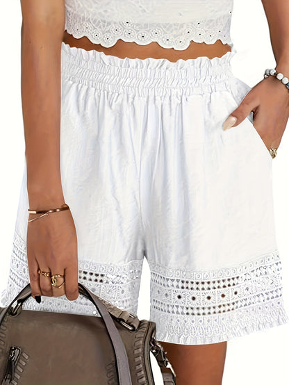 Matilda - Lace Trim Shorts with Elastic Waist and Slant Pocket for Women