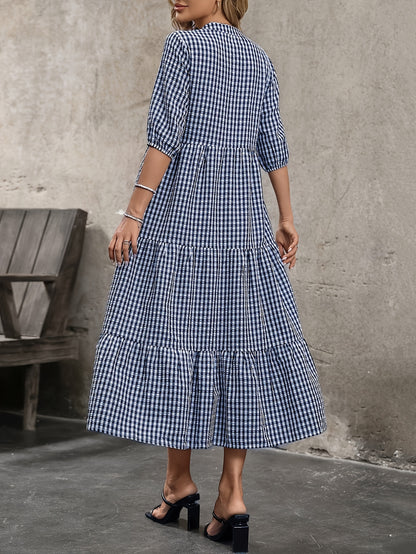 Mila - Elegant Plaid Crew Neck Midi Dress for Women