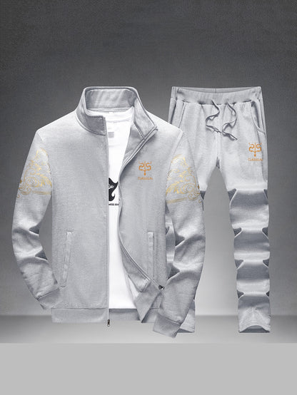 Alexander - 2pcs Sports Outfit Set with Letter Embroidered Long Sleeve Full Zip Up Sweatshirt and Drawstring Sweatpants for Men