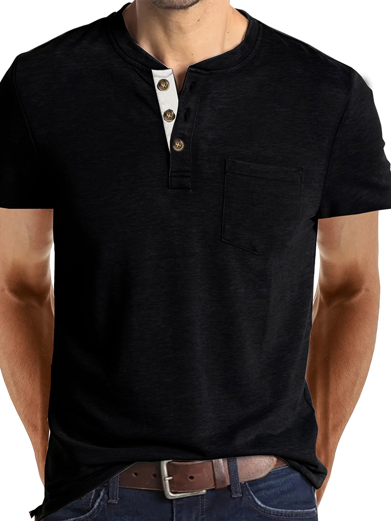 Leonard - Casual Henley Shirt with Breasted Pocket and Contrast Color Placket for Men