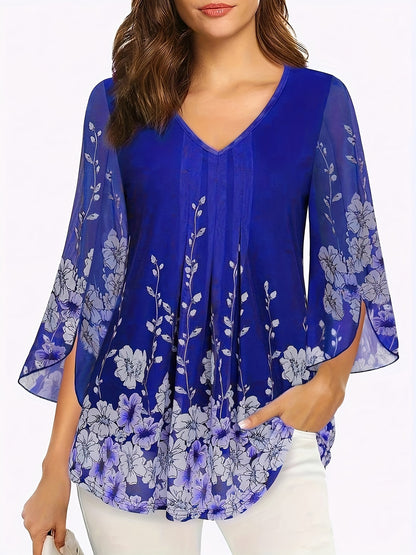 Barbara – Elegant Floral Mesh Blouse with V-Neck