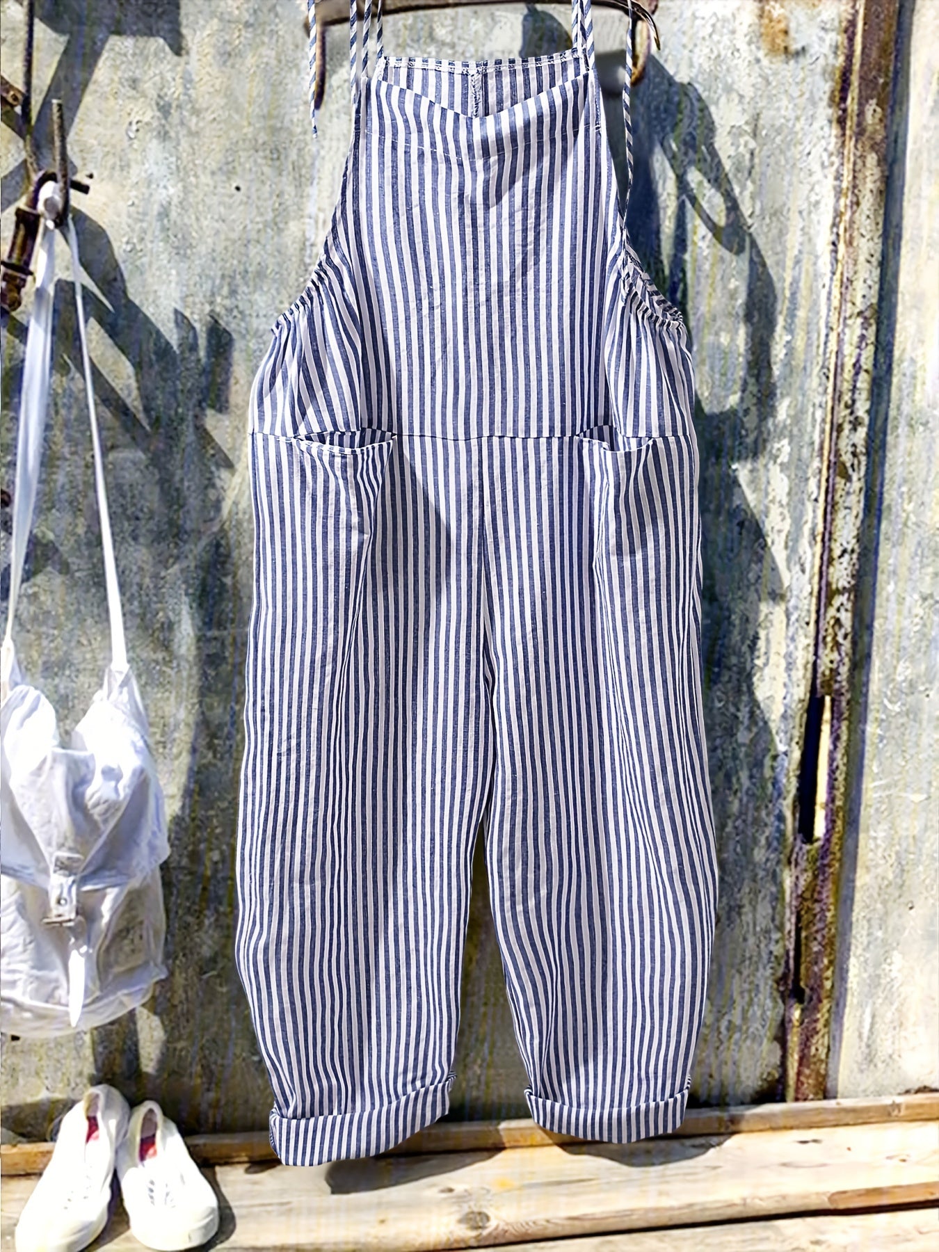 Linda – Striped Sleeveless Overalls with Tie Shoulders