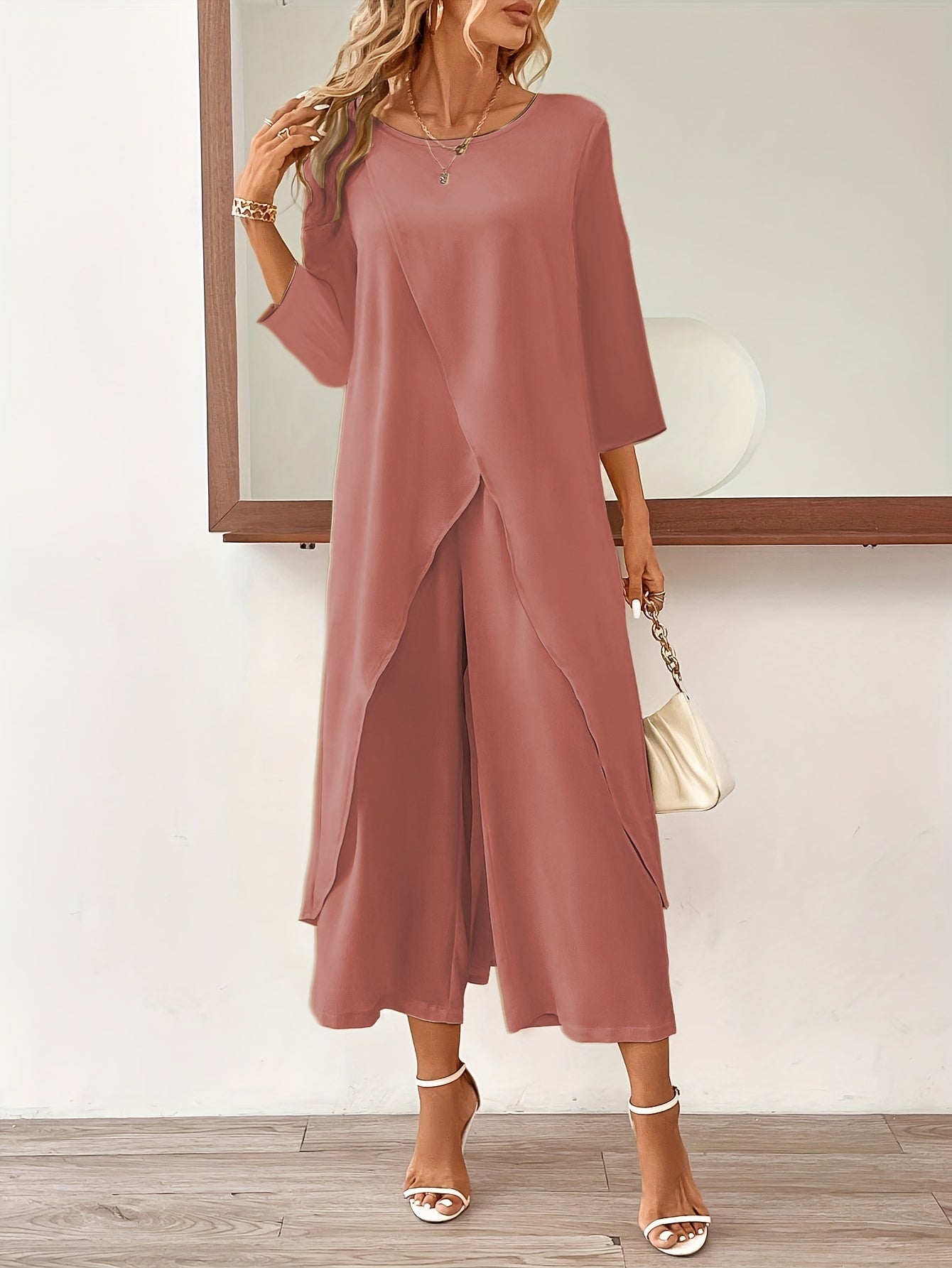 Edith - Elegant Outfit Set with Long Sleeve Longline Split Hem Chiffom Top and  Wide Leg Cropped Pants for Women