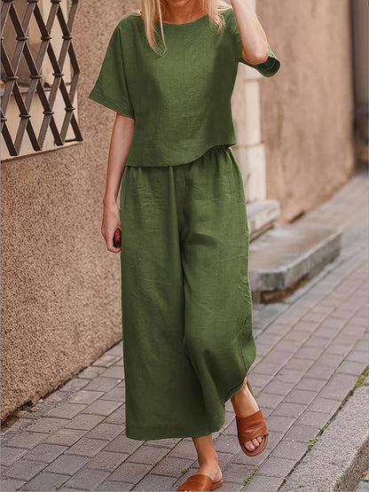 Mary - Casual Outfit Set with Crew Neck Casual T-Shirt and Wide Leg Pants for Women