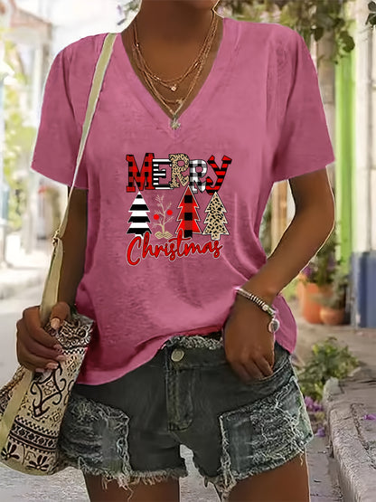 Helena - Casual Short Sleeve T-Shirt with Christmas Print and V Neck for Women