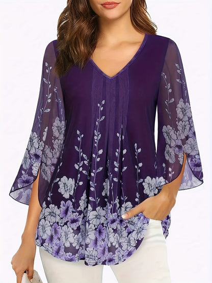 Barbara – Elegant Floral Mesh Blouse with V-Neck