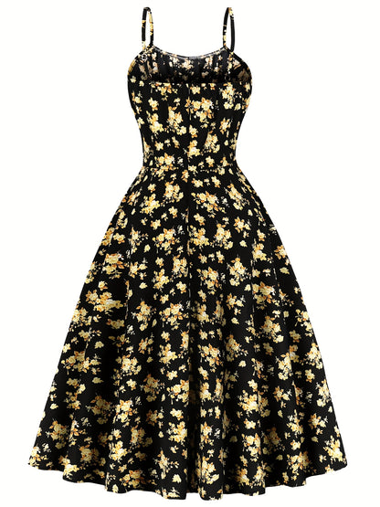 Maya - Vintage Elegant Sleeveless Dress with Floral Print and Tie Front for Women