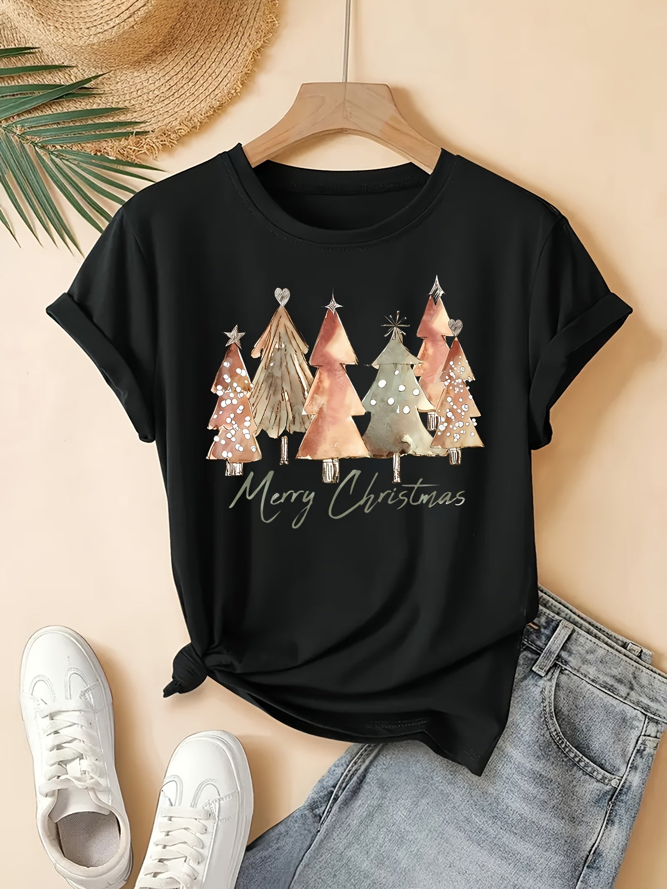 Sarah - Festive Christmas Tree Print Crew Neck T-Shirt