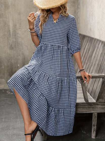 Mila - Elegant Plaid Crew Neck Midi Dress for Women