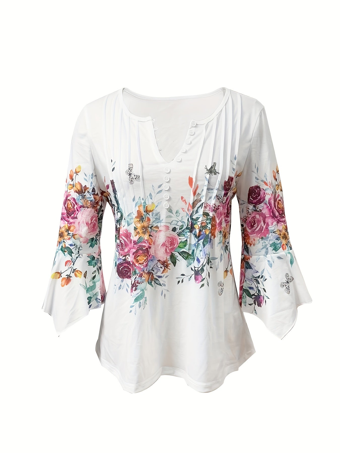 Emily - Elegant Blouse with Floral Print and Notched Neck for Women