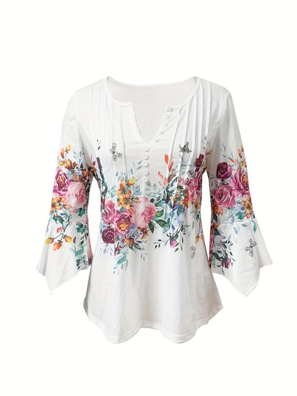 Emily - Elegant Blouse with Floral Print and Notched Neck for Women