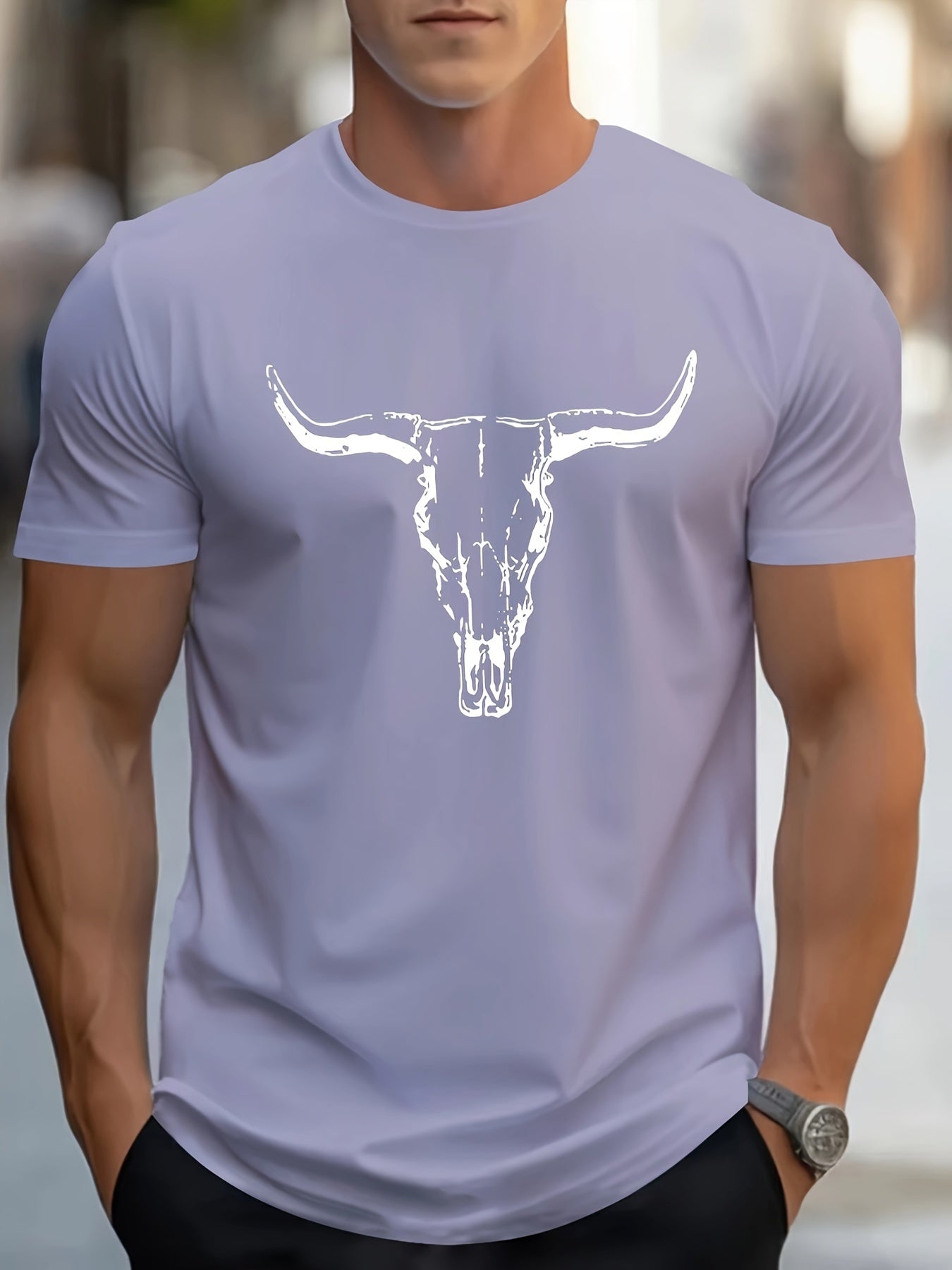 Lucas - Casual T Shirt with Bull Skull Print for Men