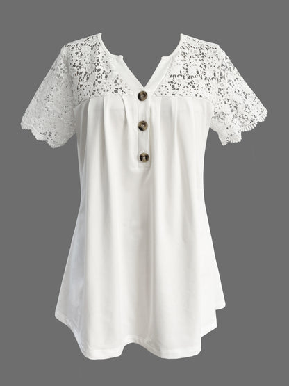 Chloe - Casual Blouse with Contrast Guipure Lace and Button Front Neck for Women