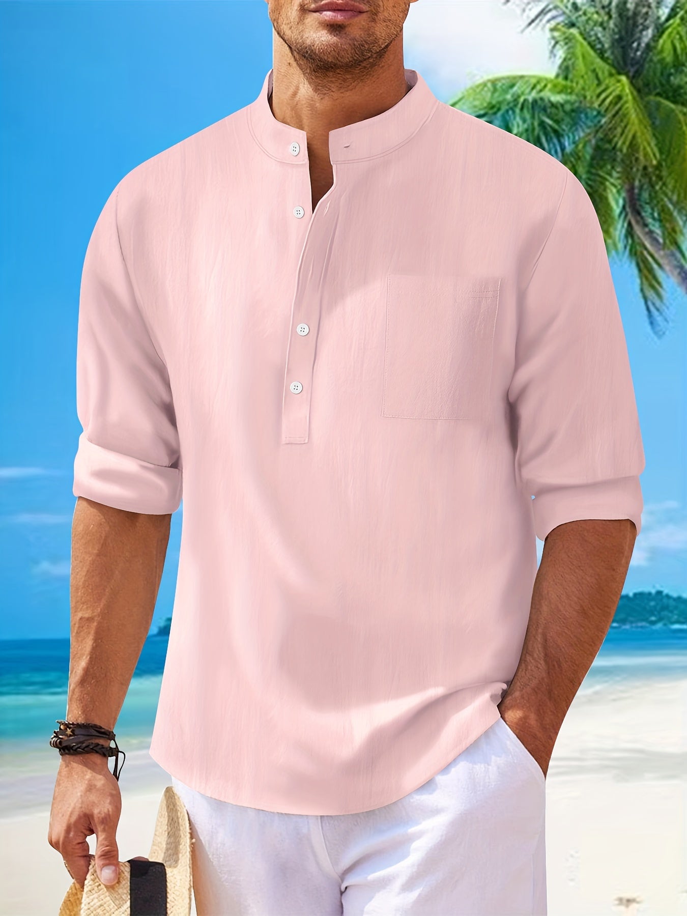 Mason - Henley Shirt with Cotton Linen Blend and Long Sleeve for Men