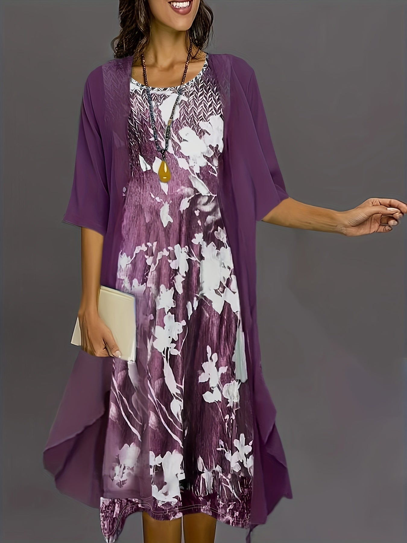 Victoria - Elegant Outfit Set with Open Front Cardigan and Floral Print Tank Dress for Women