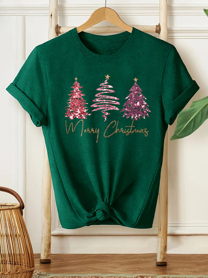 Elsie - Chic T-Shirt with Christmas Glitter Tree Print Graphic for Women