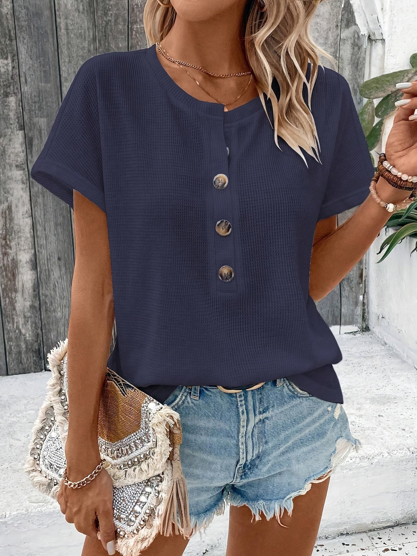 Imogen – Casual Short Sleeve Henley Neck T-Shirt