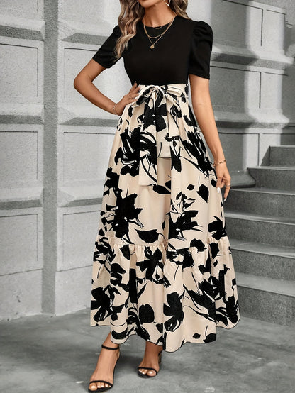 Aurora - Elegant Maxi Dress with Floral Print and Tie Waist for Women