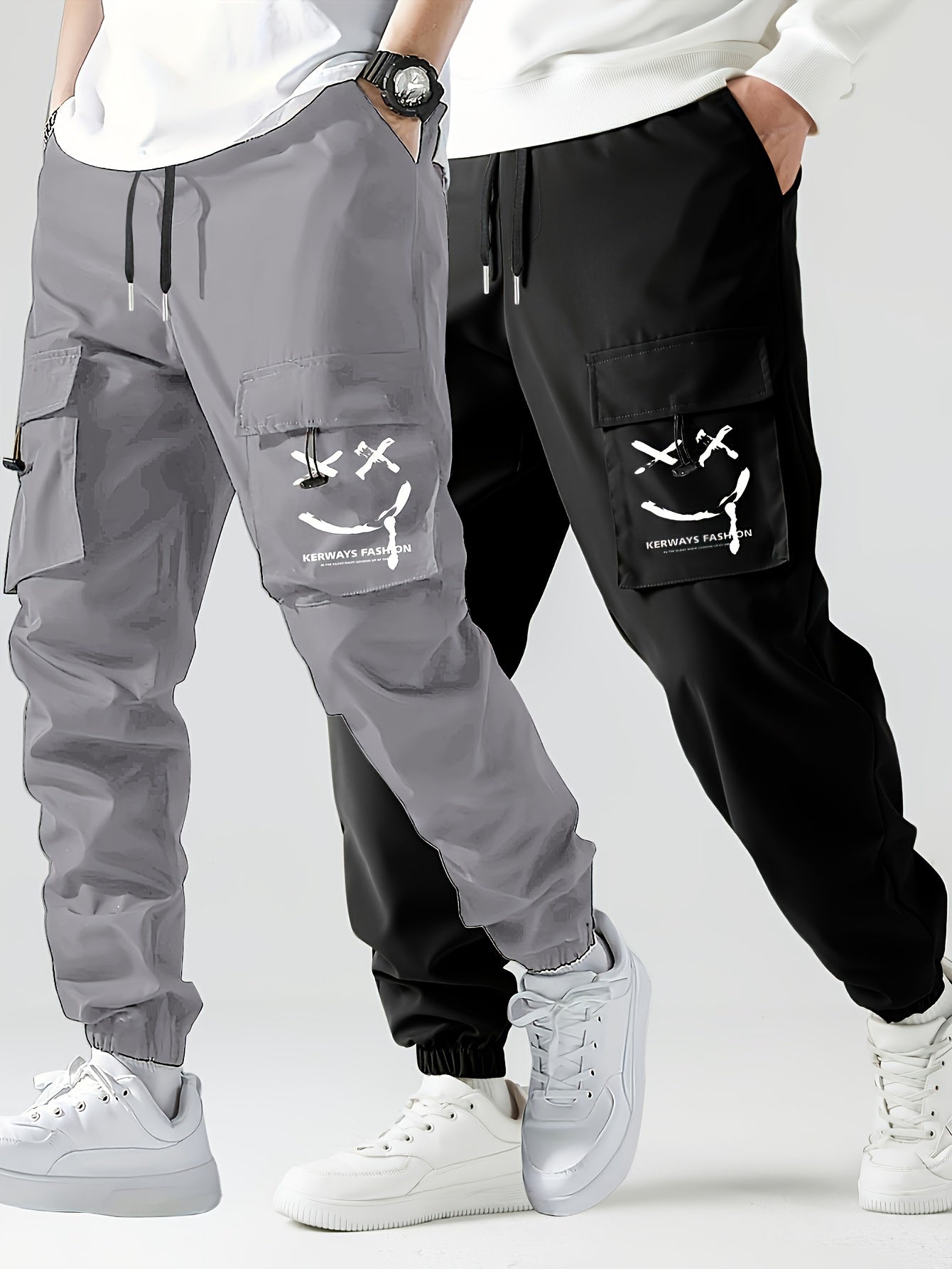 Glenn - 2pcs Stylish Cargo Pants with Smiling Face Print and Multi-Pockets for Men