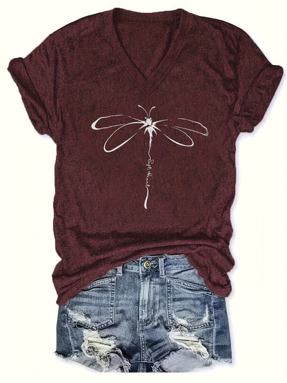 Amelia - Casual T-Shirt with Dragonfly Print and V Neck for Women