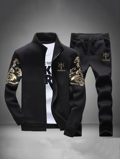 Alexander - 2pcs Sports Outfit Set with Letter Embroidered Long Sleeve Full Zip Up Sweatshirt and Drawstring Sweatpants for Men