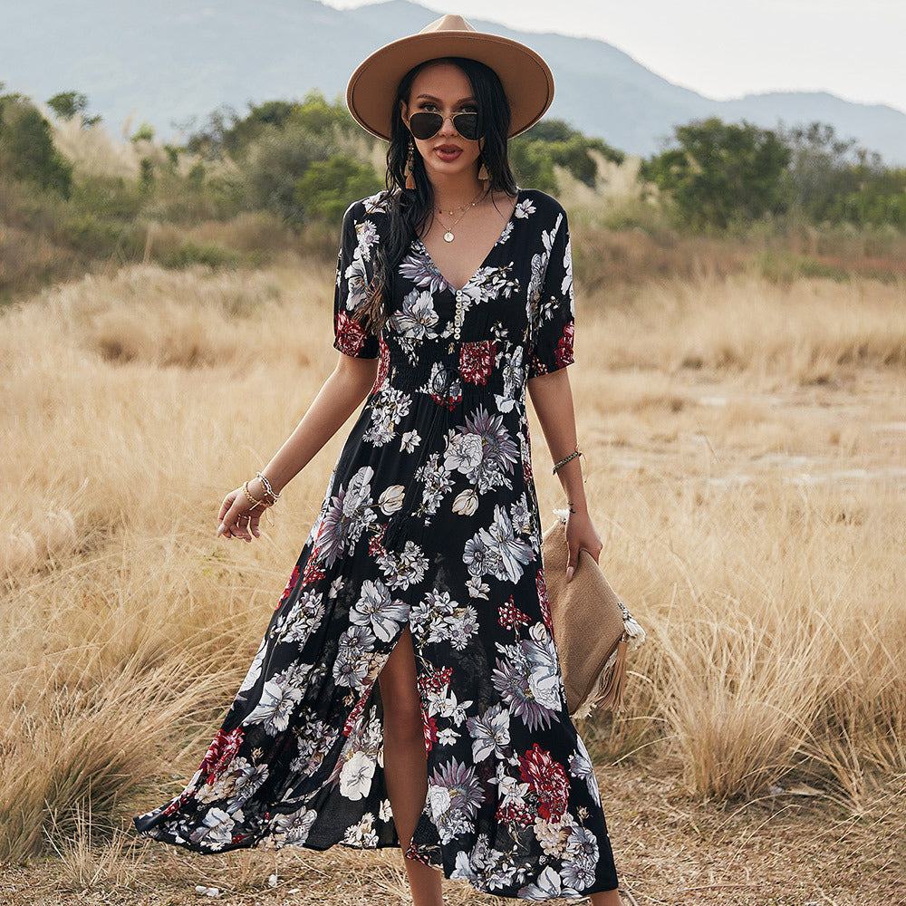 Katie – Floral Summer Beach Dress with V-Neck and Elastic Waist