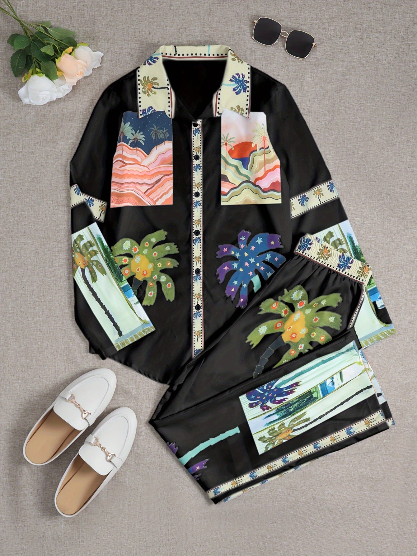 Julia - Vacation Palm Tree Print Shirt & Pants Set