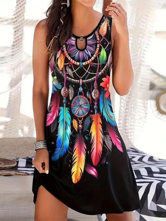 Laika - Vintage Sleeveless Tank Dress with Colorful Dream Catcher Print for Women