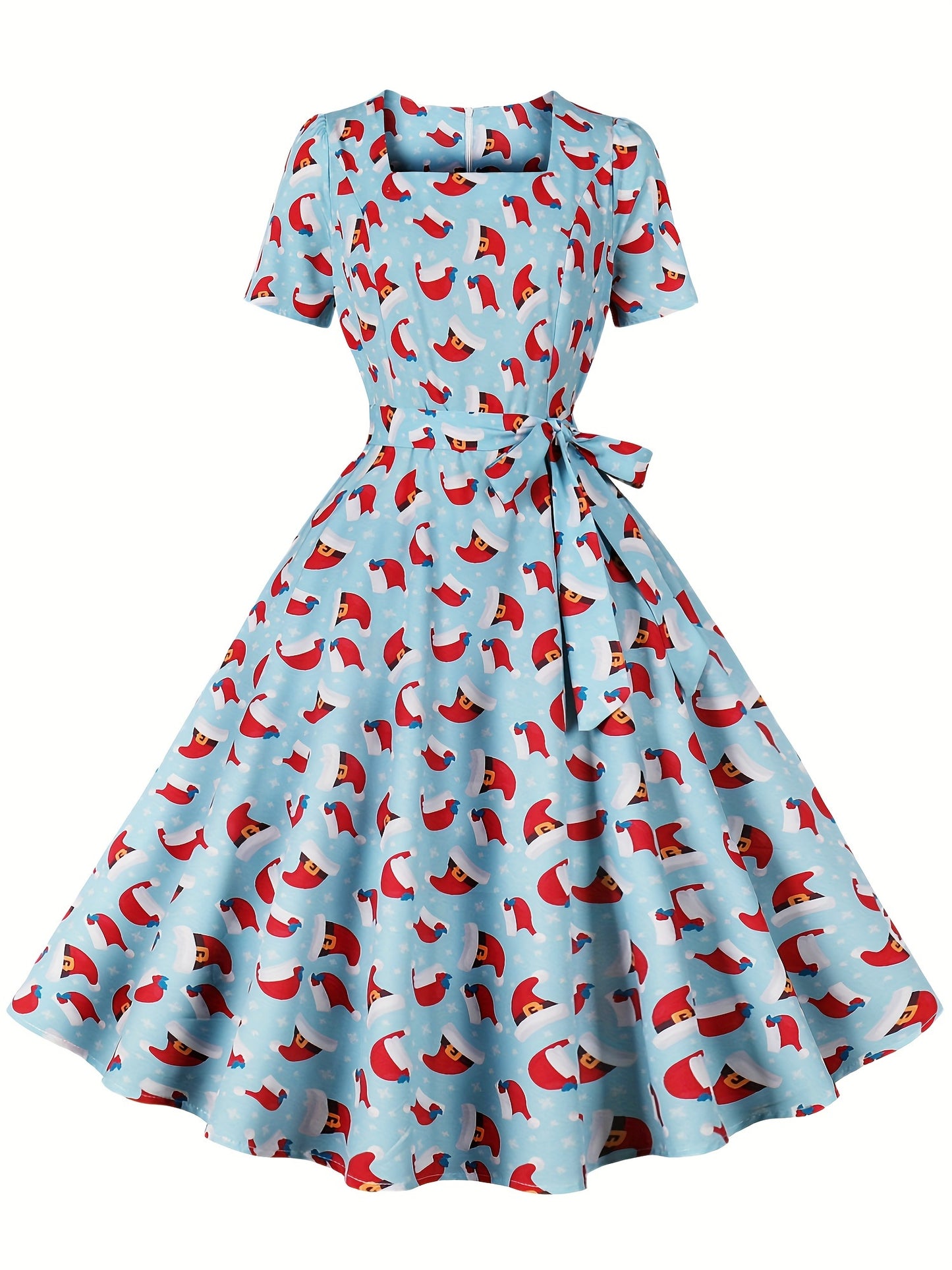 Freya - Vintage A Line Dress with Christmas Santa Print and Squared Neck for Women