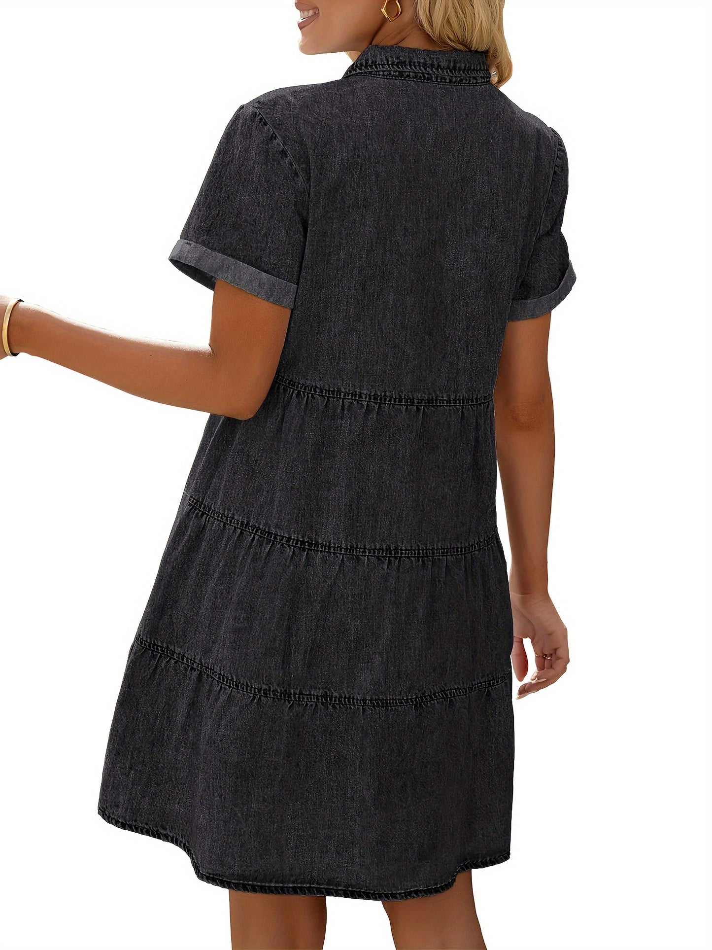 Juniper - Denim Dress with Button Up and Tiered Layered Ruffled for Women