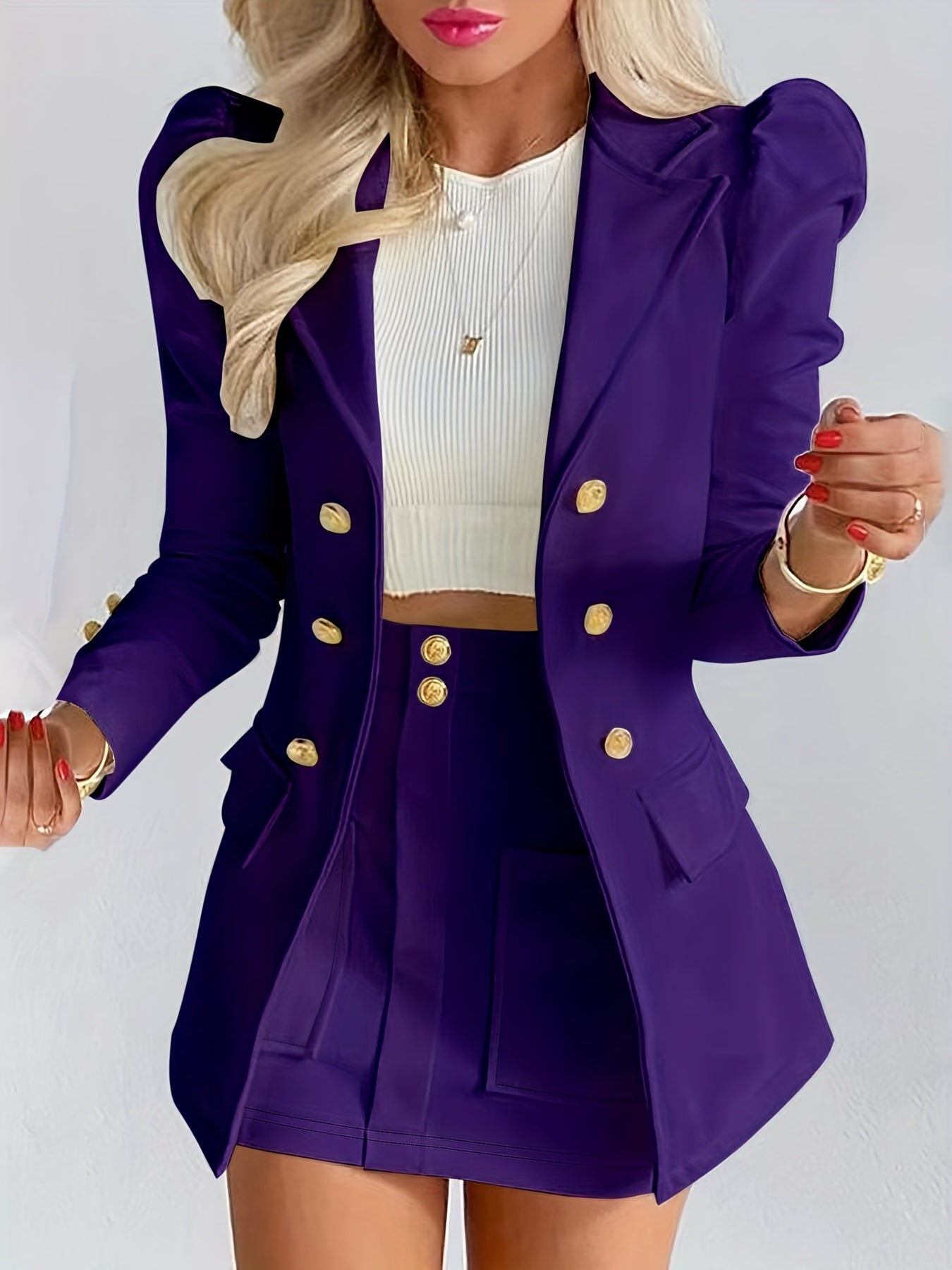 Dawn – Elegant Solid Long Sleeve Blazer & Mini Skirt Set