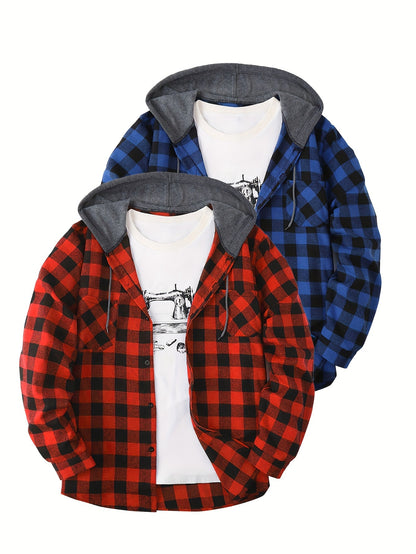 Harper - 2pcs Set Plaid Pattern Hooded Jacket  with Long Sleeve Button Up and Pockets for Men