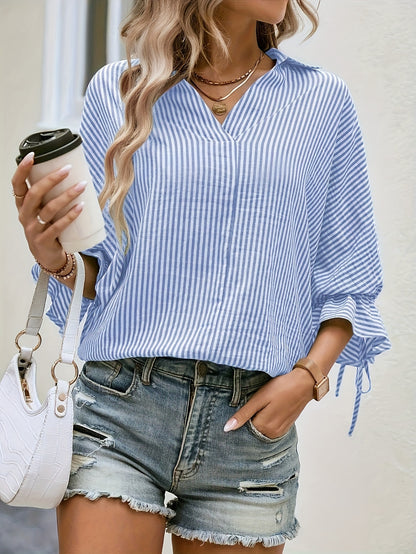 Charlotte - Striped 3/4 Sleeve Blouse with Cross Hem Back for Women