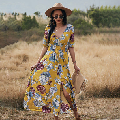 Katie – Floral Summer Beach Dress with V-Neck and Elastic Waist