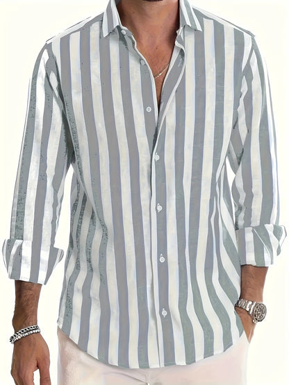 Andrew - Contrast Color Striped Long Sleeve Shirt with Button Up and Single-breasted for Men