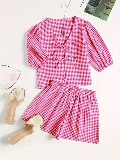 Victoria - Gingham Outfit Set with Tie Front Shirt and Elastic Waist Shorts for Women