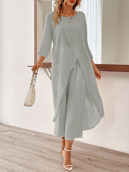 Edith - Elegant Outfit Set with Long Sleeve Longline Split Hem Chiffom Top and  Wide Leg Cropped Pants for Women