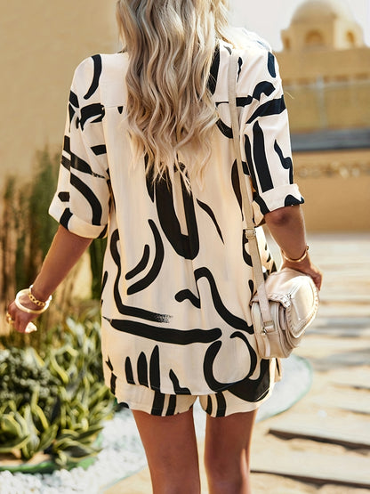 Willow - Casual Summer Outfit Set with Abstract Print Button Front Blouse and Drawstring Loose Shorts for Women