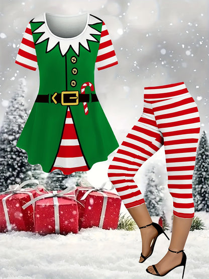 Makayla - Christmas Outfit Set with Striped Print Waistband Suit Dress and High Waist Seven-Part Pants for Women