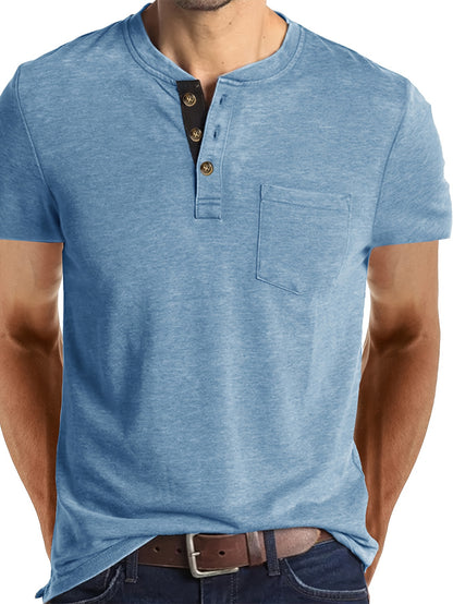 Leonard - Casual Henley Shirt with Breasted Pocket and Contrast Color Placket for Men