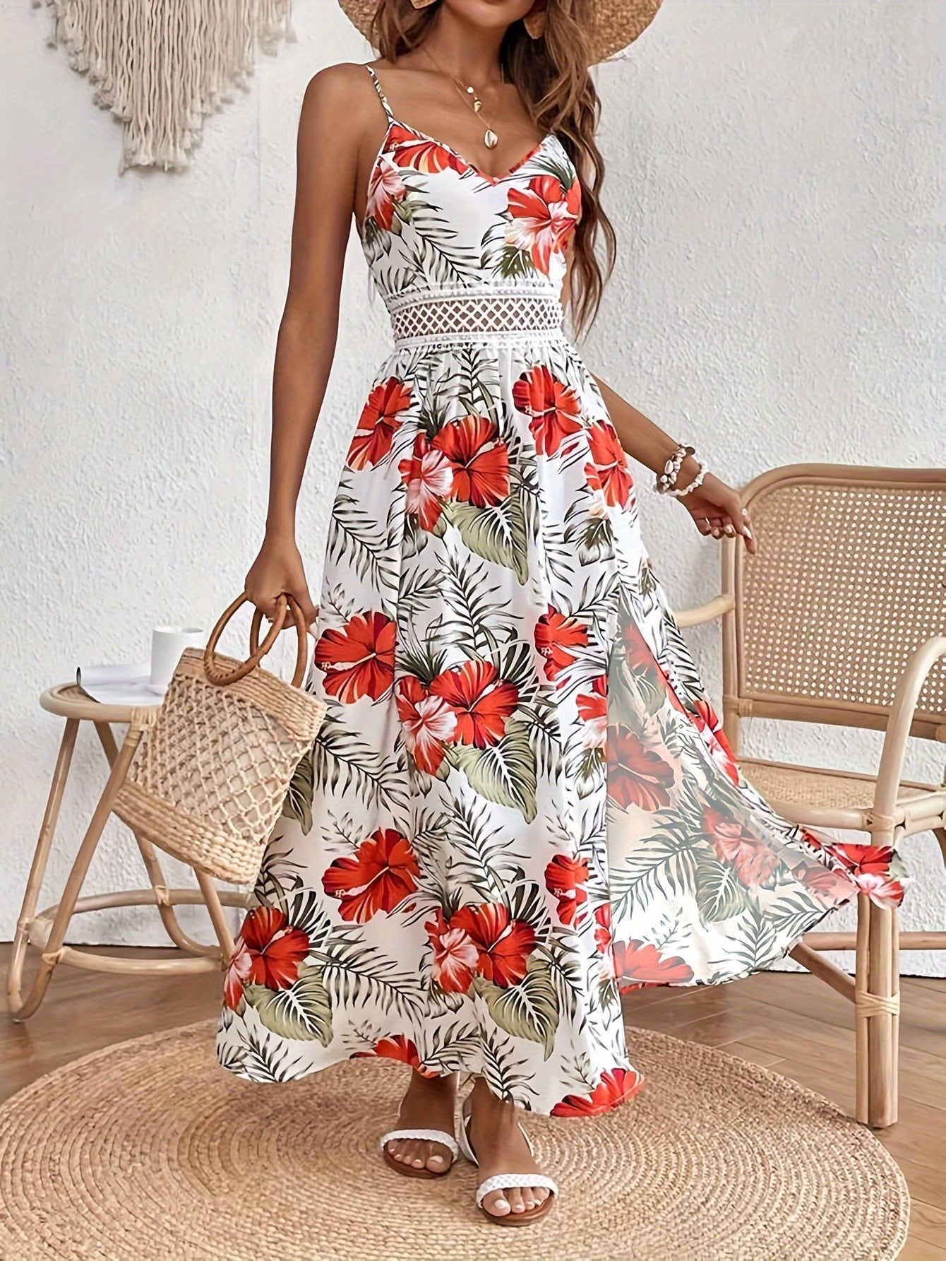 Belinda - Elegant Sleeveless Split Dress with Floral Print and Spaghetti Strap for Women